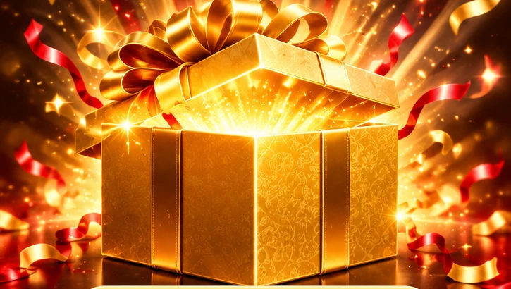 An open golden gift box with celebratory lights
