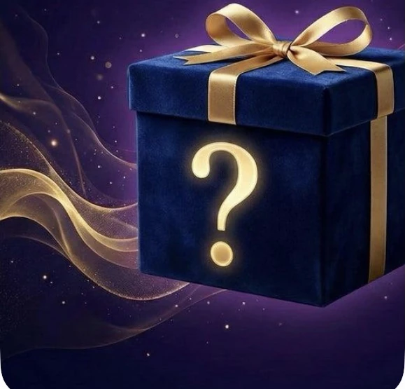 Closed blue mystery gift box with golden question mark
